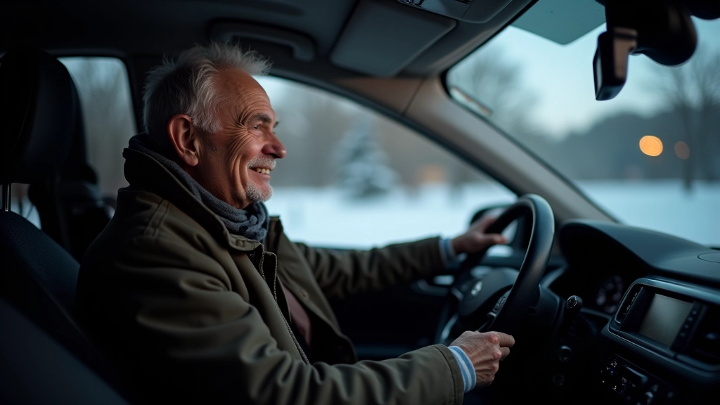 Kogenud juht istub autos külma talveöö ajal, käed roolist kinni, nägu rahul