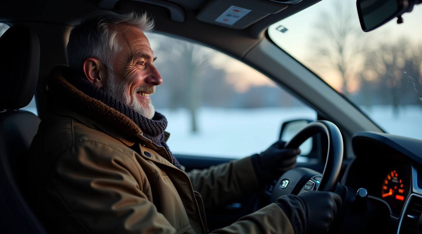 Kogenud juht istub autos külma talveöö ajal, käed roolist kinni, nägu rahul
