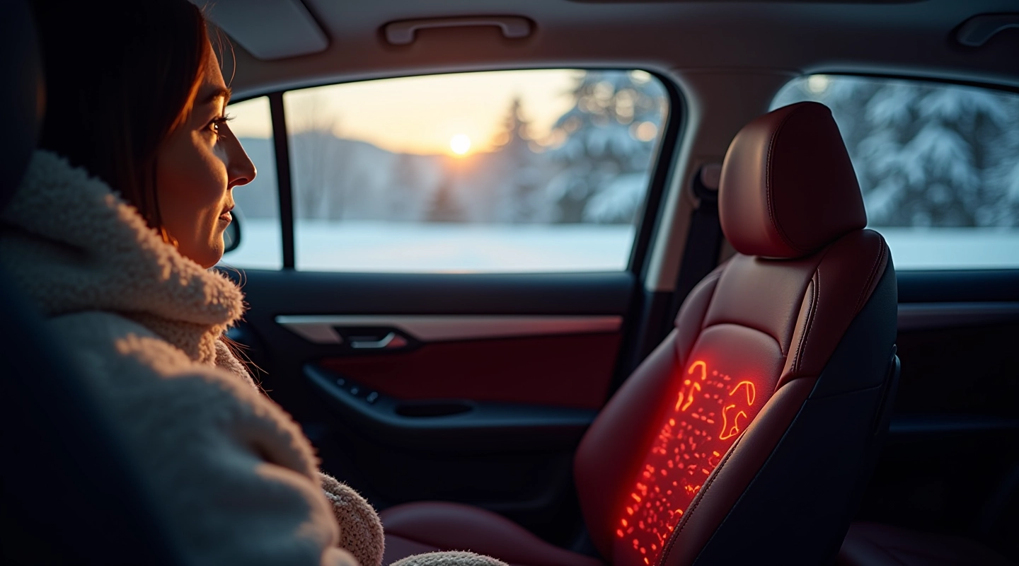 Talvine auto interjöör päeva valguses, kuuma istmega, lumesadu akna taga