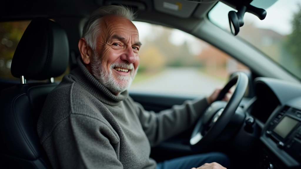 Pensionär istub auto juht kohalt, naerdes, käed kuumale istmele peal, kodus garaaži taustal