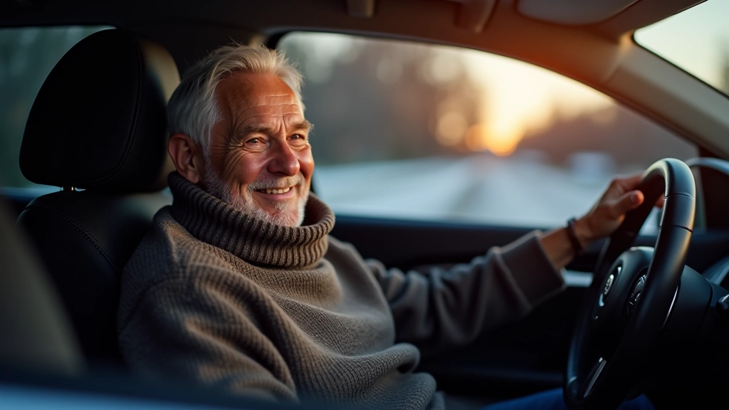 Pensionär istmesoojendusega auto istmetes, mugav istekohtumine, talvine taust, kodu garaaž